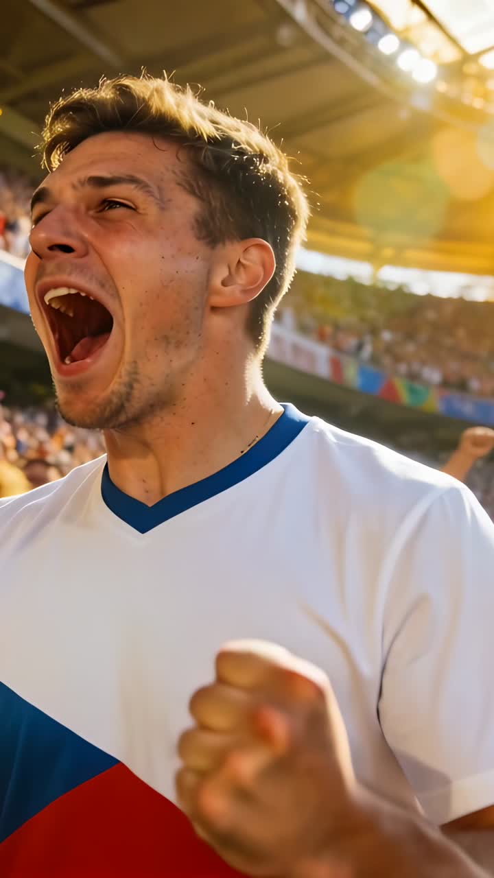 Video vertical: Aficionado masculino gritando, levantando el puño y animando en el estadio después de un gol, con camiseta blanca.