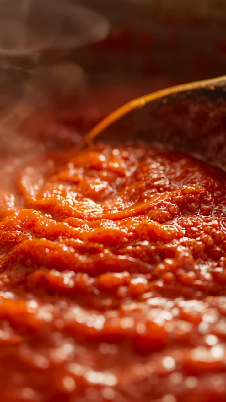 Video verticale: Cucchiaio che mescola e raschia la salsa di pomodoro in pentola mentre sobbolle e si addensa, bordo lucido.