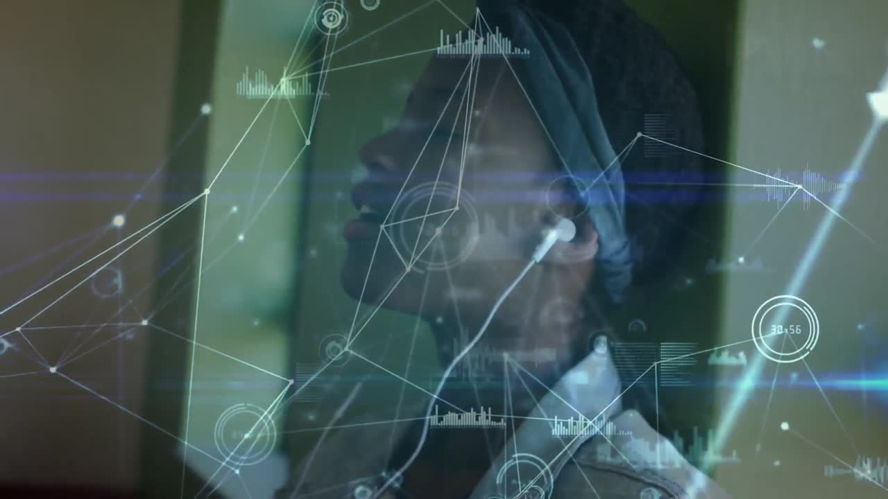 헤드폰을 사용하는 아프리카계 미국인 여학생에 대한 연결 네트워크의 애니메이션