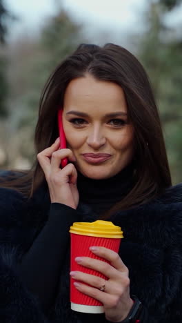 pretty woman with a phone and a cup of hot coffee or tea. portrait of a beautiful girl in luxury fur coat talking the mobile phone and drinking coffee in the park. vertical video