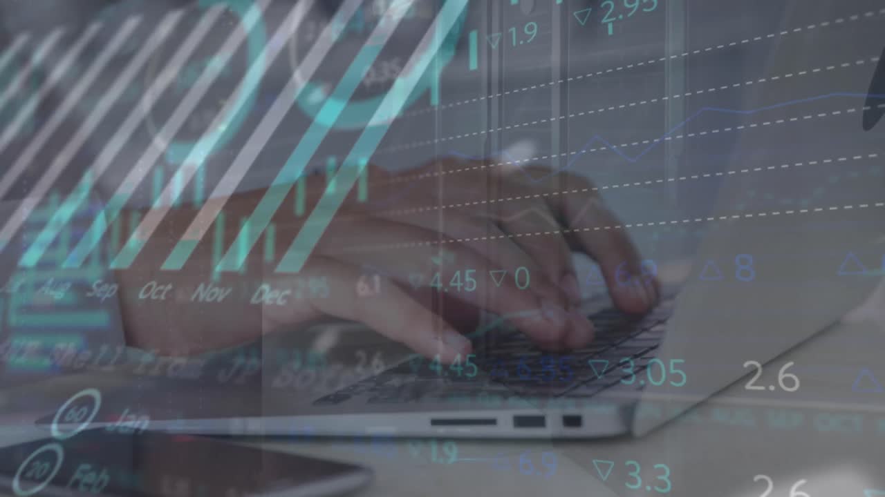 Animation of financial data processing over man using laptop