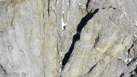 aerial tilt up shot showing extreme hiker climbing on scarp of mountain marmolada during sunlight