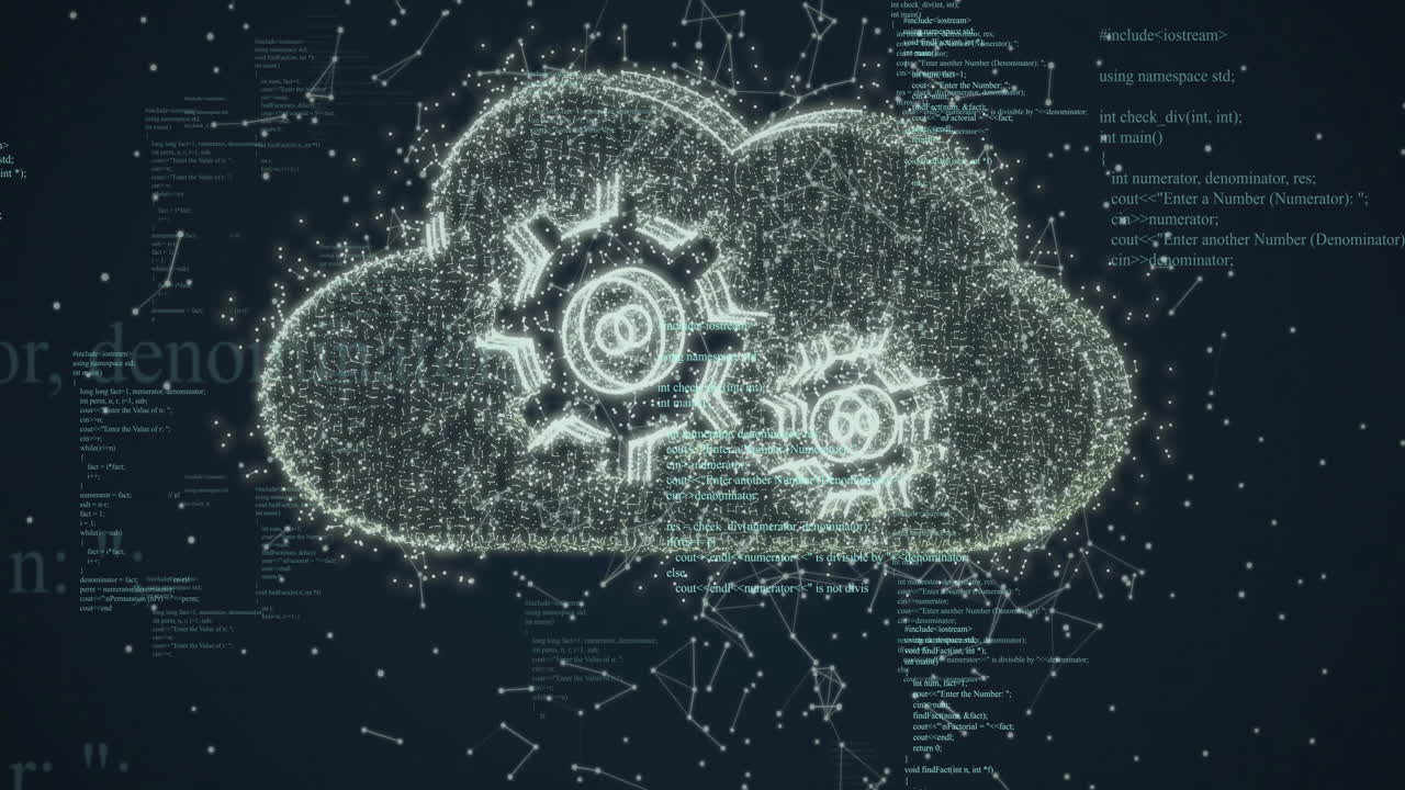 animación de nube digital con engranajes sobre procesamiento de datos en fondo negro
