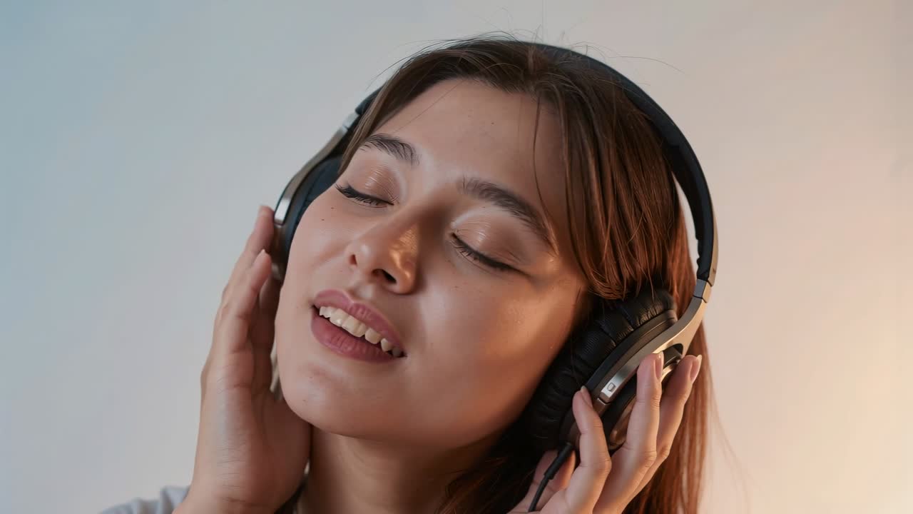 L'audio inizia, una donna adulta alza le mani per coprire le cuffie con filo, inclinando la testa in cerca di conforto.
