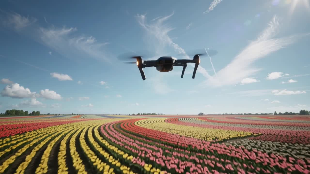 Un drone prosumer che risponde al comando di decollo sale sopra una fattoria di tulipani, con il gimbal che filma file colorate.
