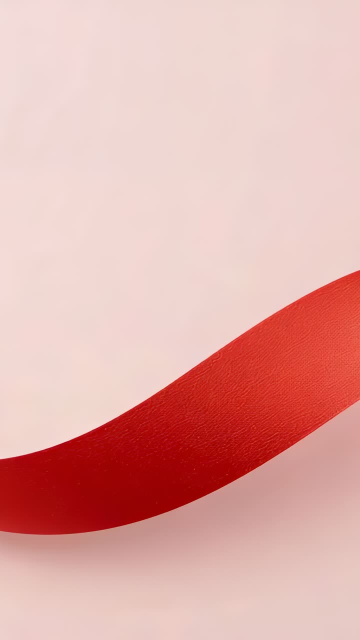 Hochformatiges Video: Eine gleitende rote Schleife kommt von links, biegt nach rechts ab und landet auf einem blassrosa Hintergrund