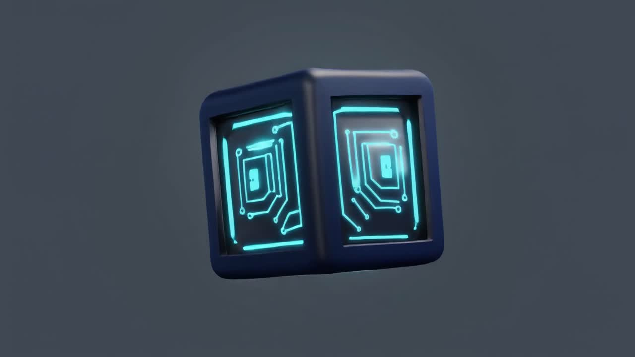 Rotating Digital Cube with Glowing Blue Circuit Board Design
