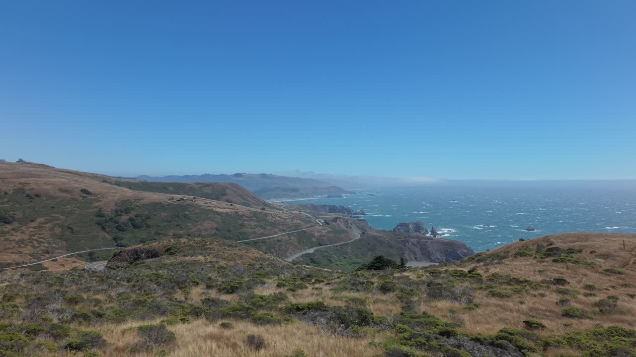 A right to left panning drone view of the Sonoma Coast from Jenner California