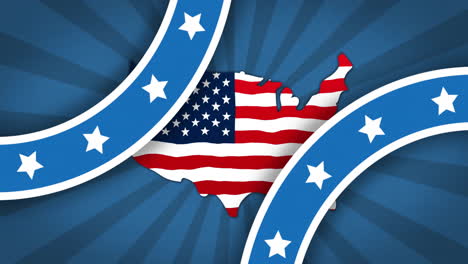 animation of stripes with stars over map with flag of usa on blue background