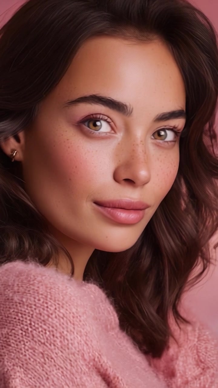 Affascinante ritratto ravvicinato di una giovane donna con pelle radiosa e bellezza naturale, che indossa un maglione rosa su uno sfondo rosa tenue.