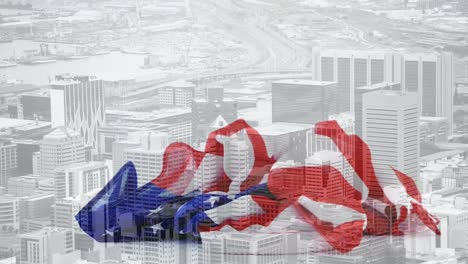 Digitale-Animation-Der-Amerikanischen-Flagge,-Die-Gegen-Das-Stadtbild-Fällt,-4k