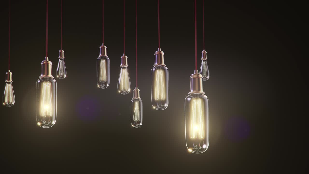 grupo de luces de bombilla vintage con flash de lente animación de renderización 3d. las luces están encendidas.