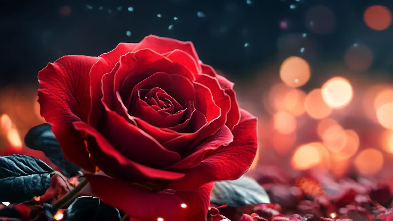 eine rote rose ist der schwerpunkt des bildes, mit ihren blütenblättern und stängeln sichtbar. der hintergrund ist eine dunkelrote farbe, die ein gefühl von tiefe und kontrast erzeugt. die szene ist romantisch und intim