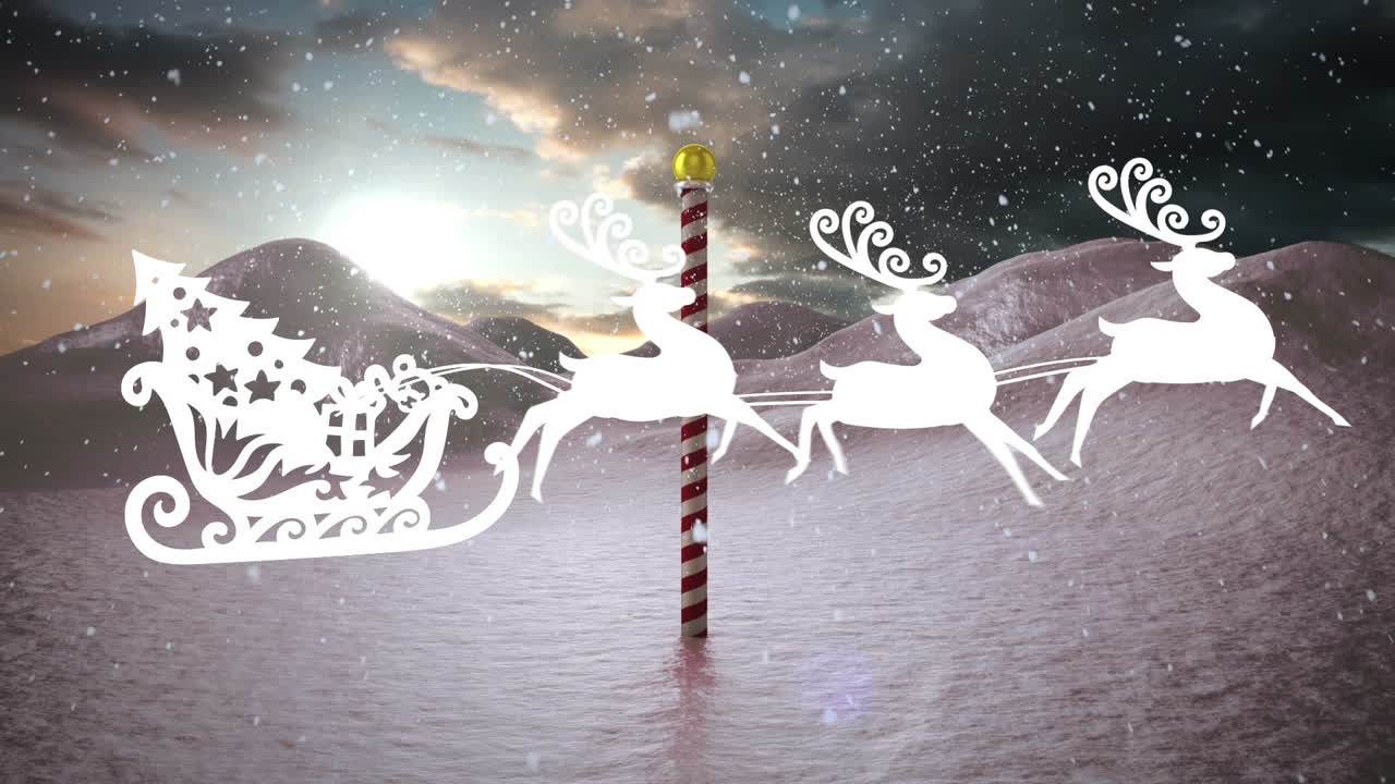 Snow over christmas tree in sleigh being pulled by reindeers over north pole on winter landscape