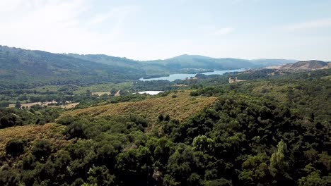 Mountains-and-Lake-at-Crystal-Spring-Reservoir-aerial-drone-move-forward