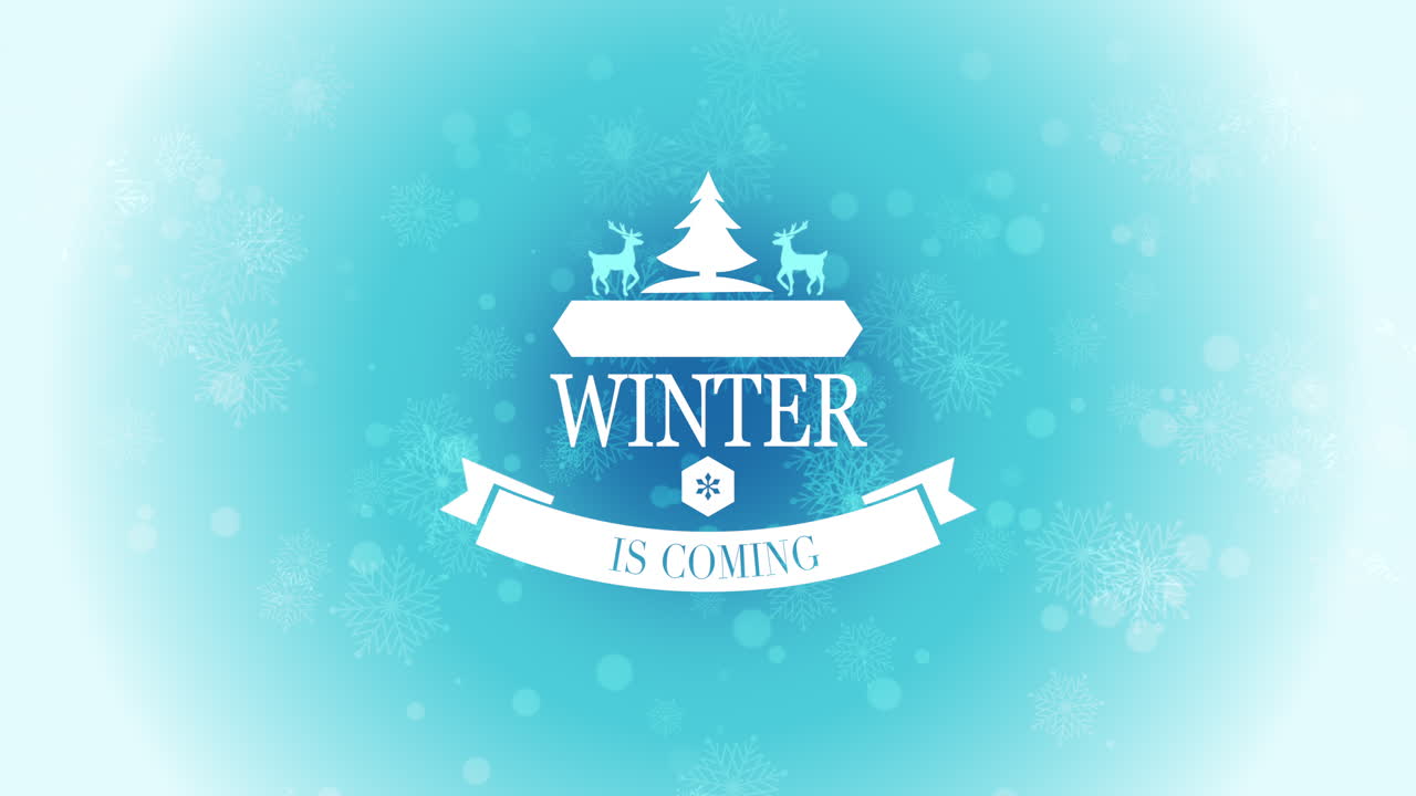 블루 그라데이션에 사슴, 나무 및 리본이 있는 겨울이 오고 있습니다.