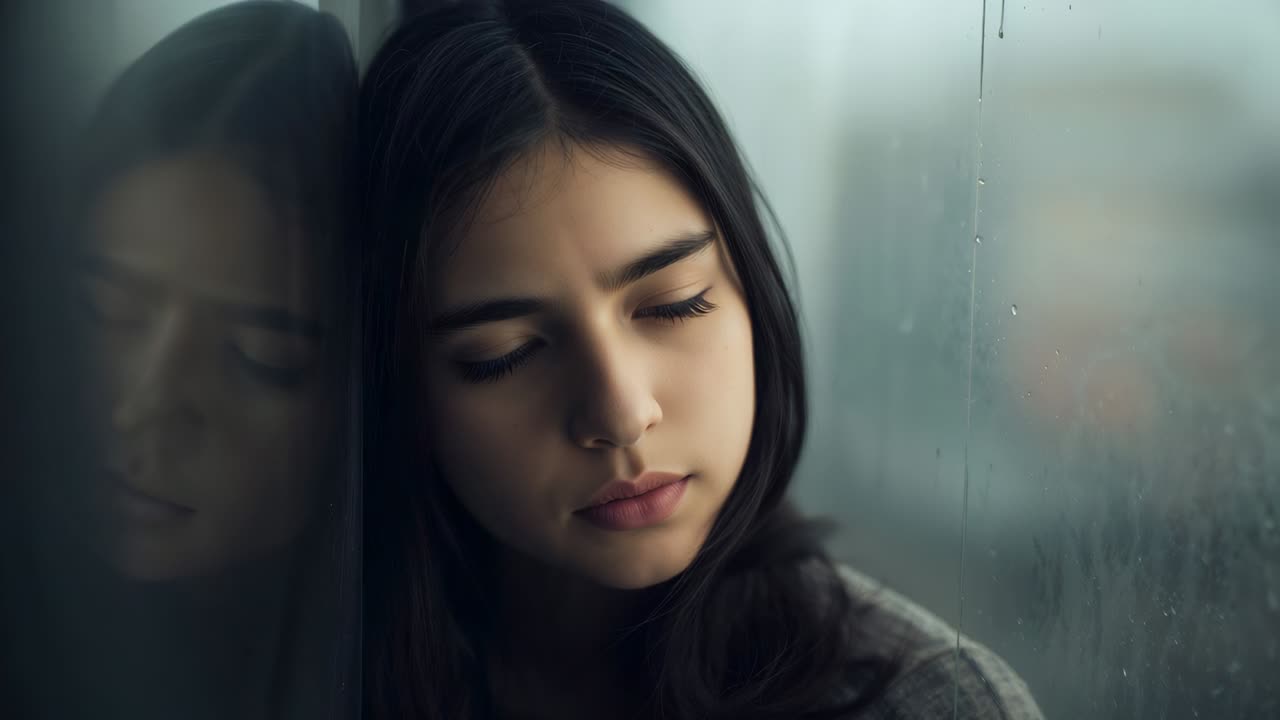 Respondiendo a la lluvia que cae, una adolescente apoya la mejilla contra la ventana en un tren, mostrando un piercing en el tabique