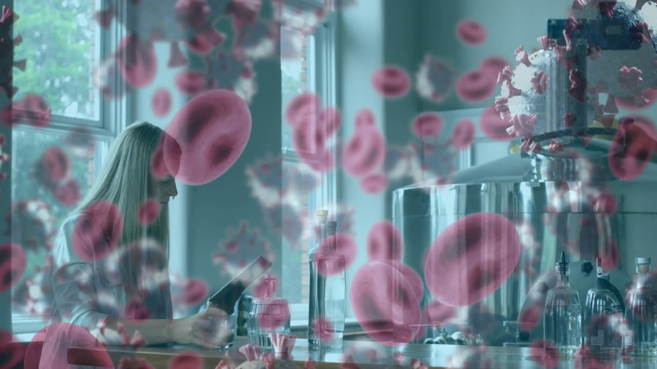 실험실에서 일하는 여성에 대한 코로나19 세포와 혈관