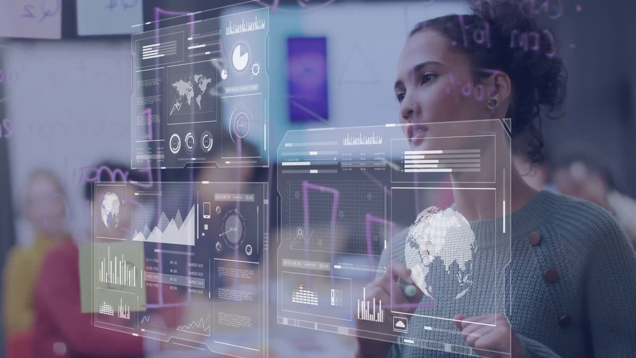 análisis de datos y gráficos, mujer en el cargo con animación de estadísticas mundiales