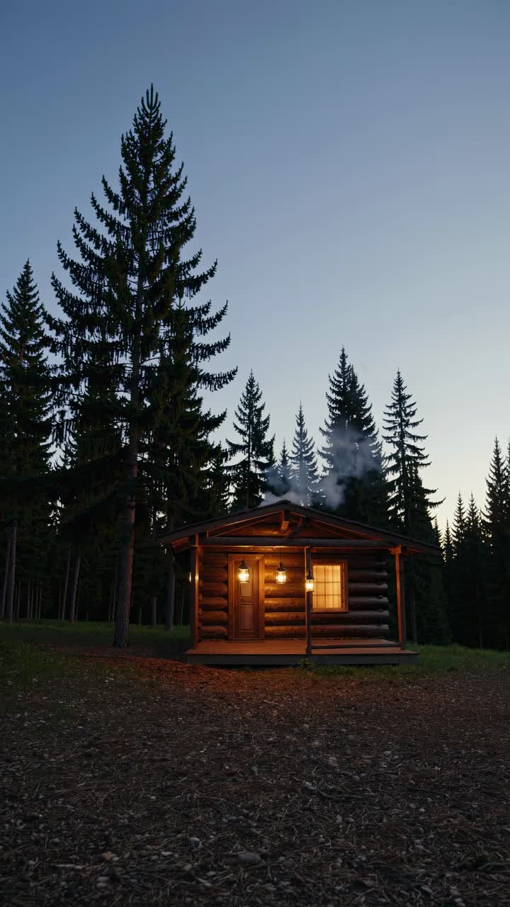 A cozy log cabin in a forest at dusk, softly lit with warm lights