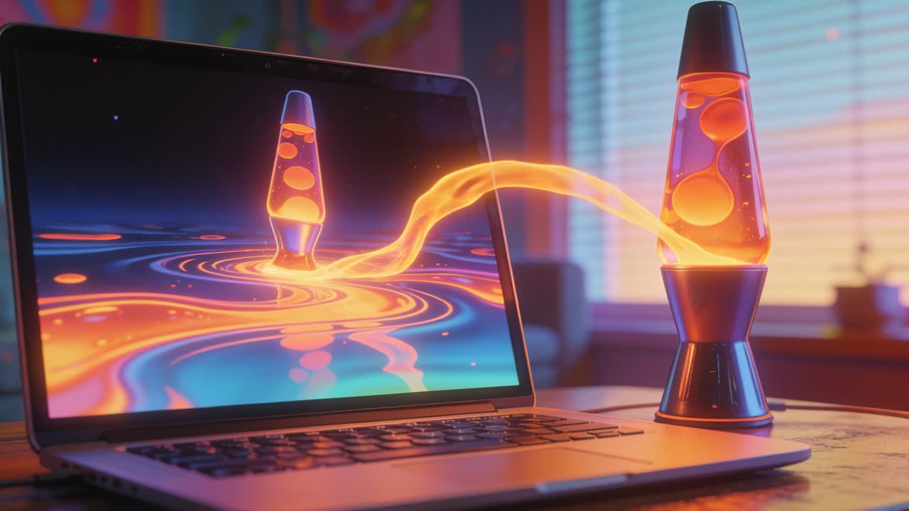 Extending glowing ribbon from lava lamp connecting with laptop screen on desk, syncing display