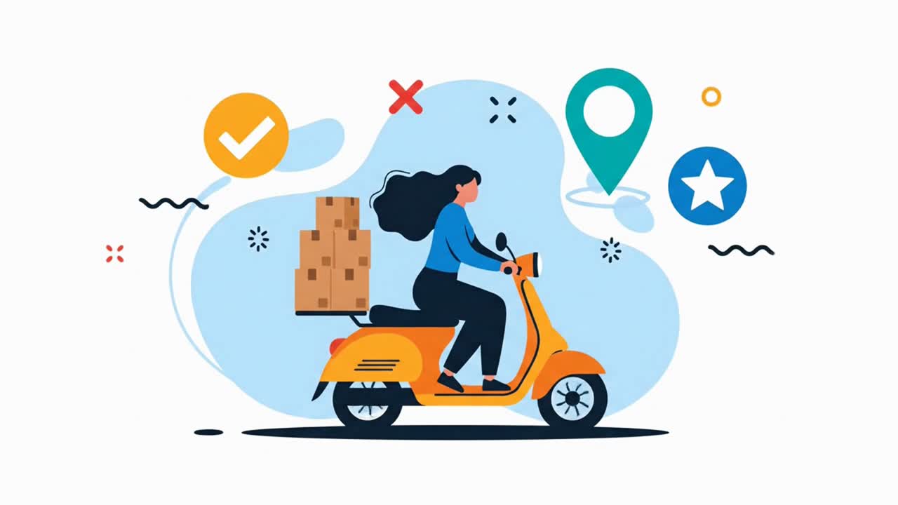 A woman courier making a fast delivery on a yellow motor scooter