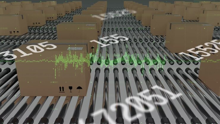 Animazione di numeri che cambiano ed elaborazione dati su scatole di cartone su nastri trasportatori
