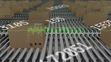animación de números que cambian y procesamiento de datos sobre cajas de cartón en cintas transportadoras