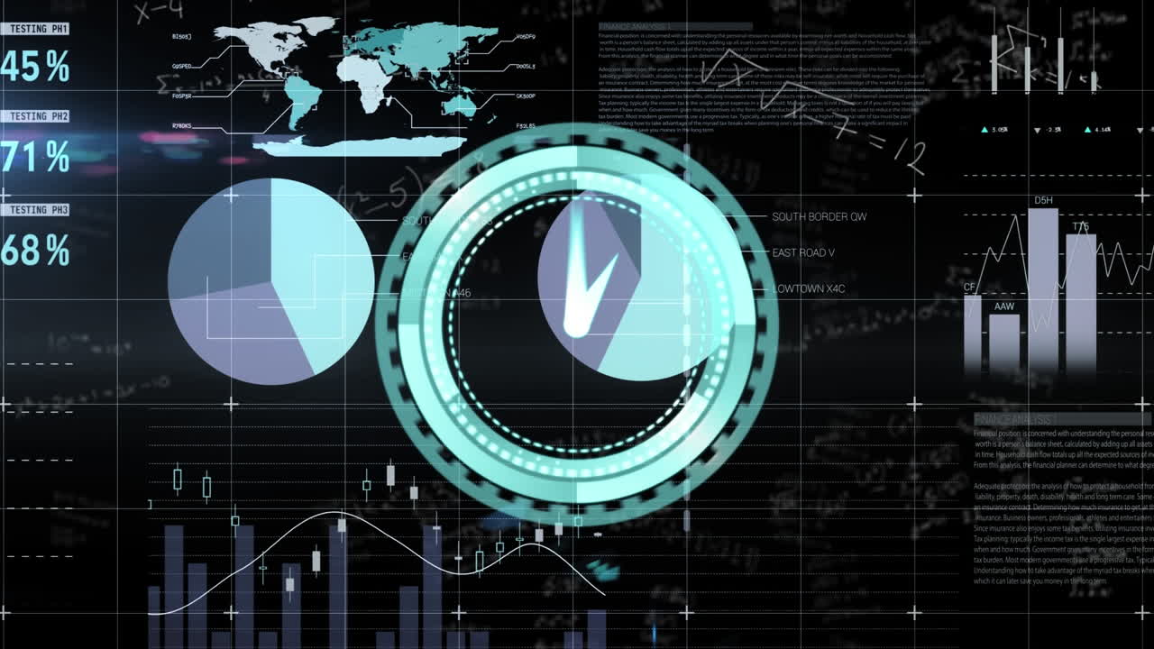 Animation of clock ticking and data processing over screens