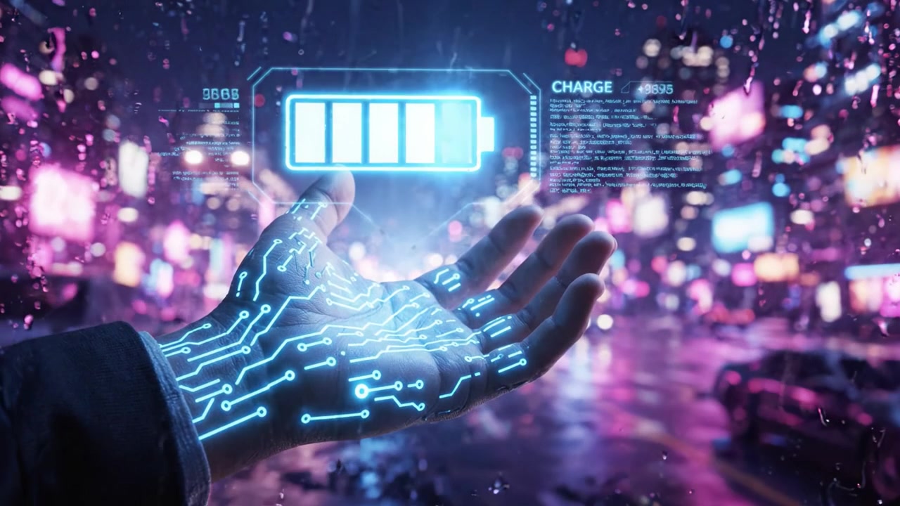 Um vislumbre futurista dos níveis de energia: Mãos exibindo a porcentagem de carga da bateria em uma paisagem urbana neon em meio à chuva e luzes urbanas vibrantes
