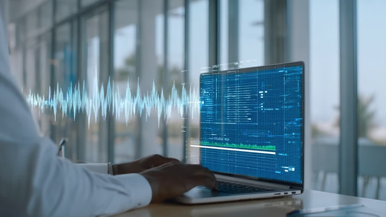 Teknologisk analyse: En profesjonell som tolker data gjennom avansert programvare på en bærbar datamaskin med visualisering av lydbølgeformer.