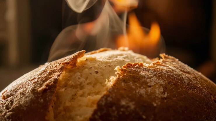 Cooling after baking round artisan loaf steaming on kitchen counter, with flour and candle glow