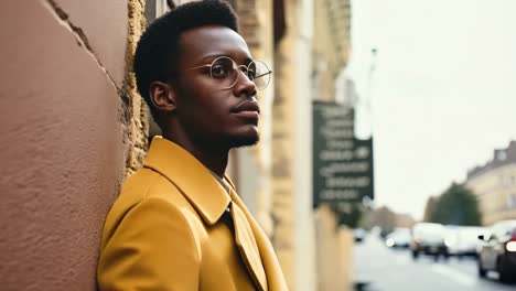 a man in a yellow coat leaning against a wall