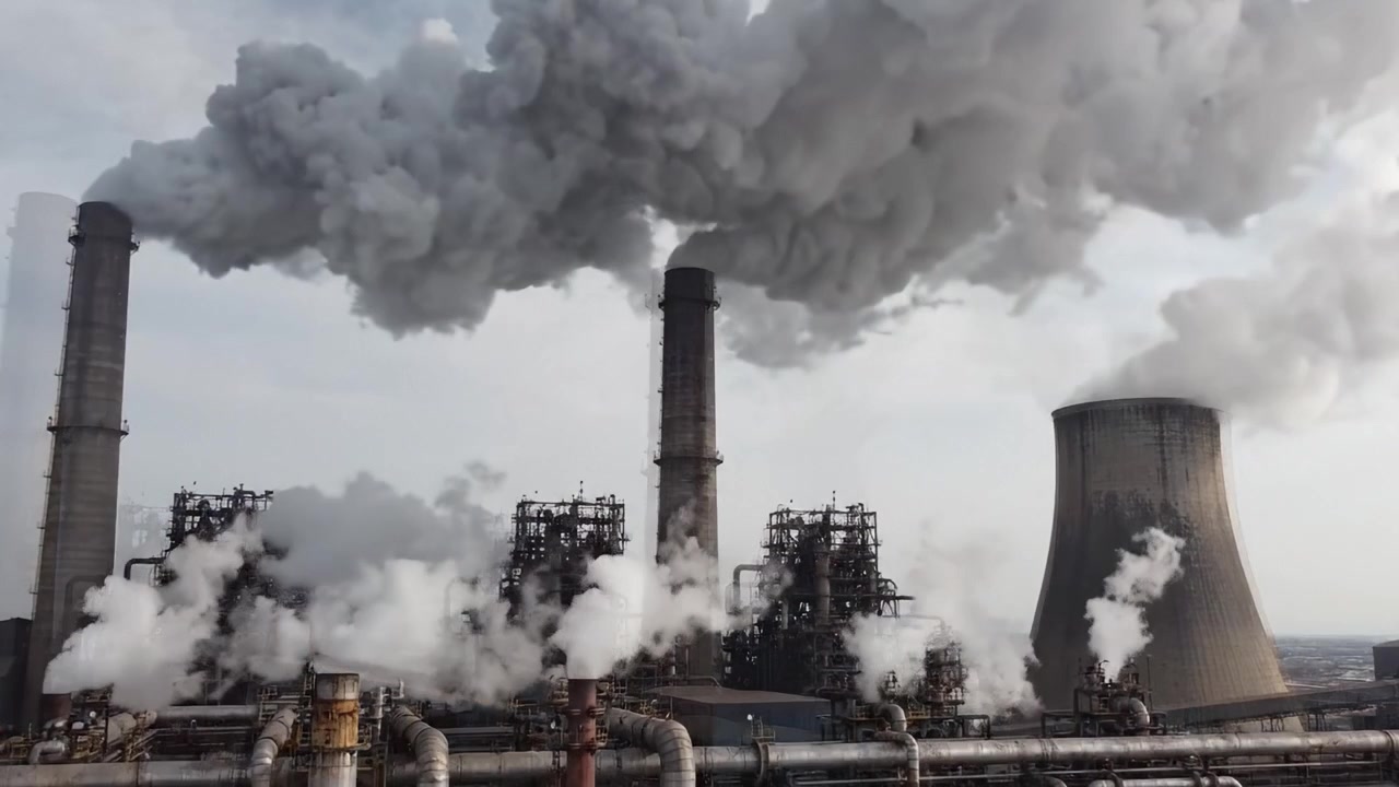 Industrial Landscape Featuring Emission Pipes and Cooling Towers, Showcasing the Impact of Energy Production with Smoke and Pollution in a Dynamic Environment