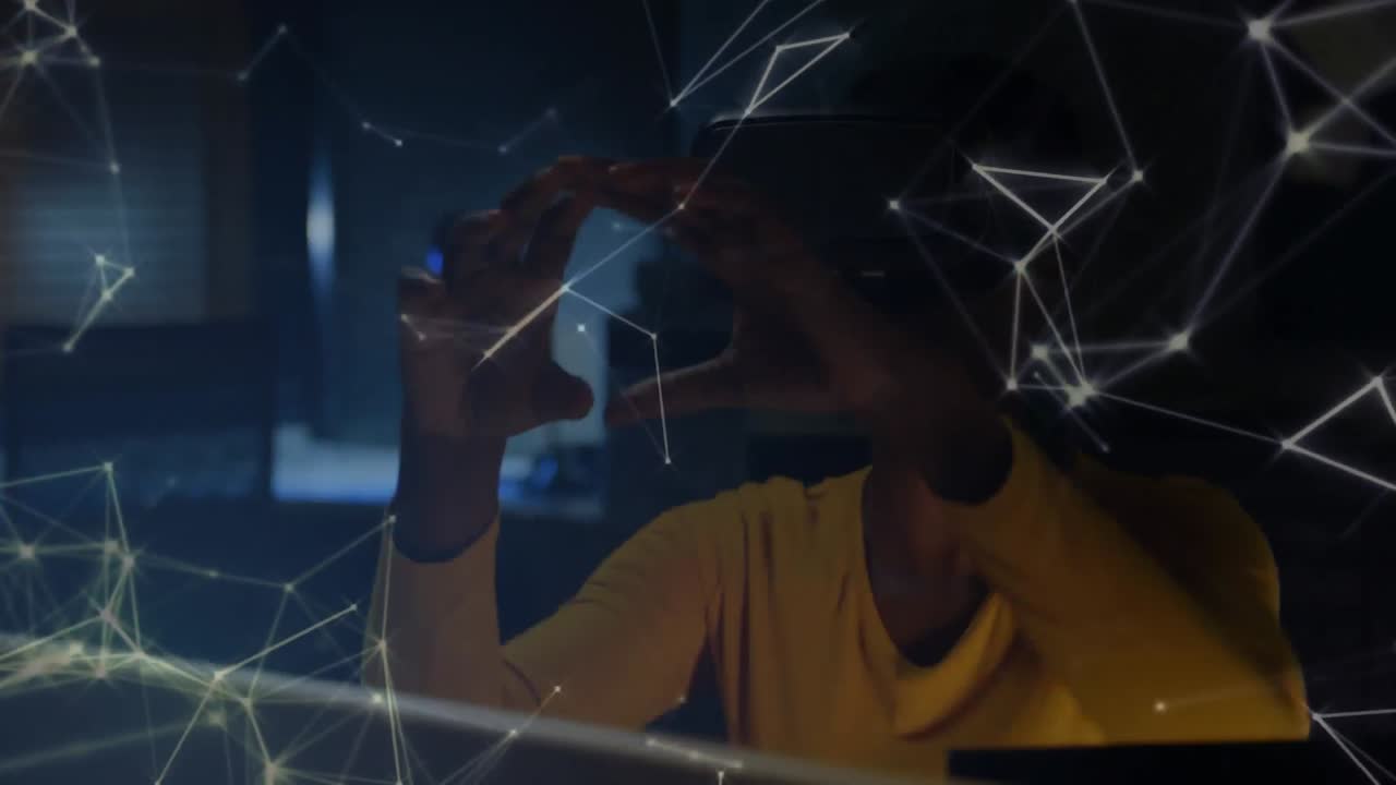 Animation of networks of connections over woman using vr headset in background