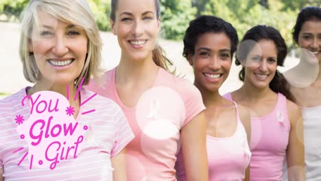 animation of you glow girl text over diverse over group of diverse group of smiling women