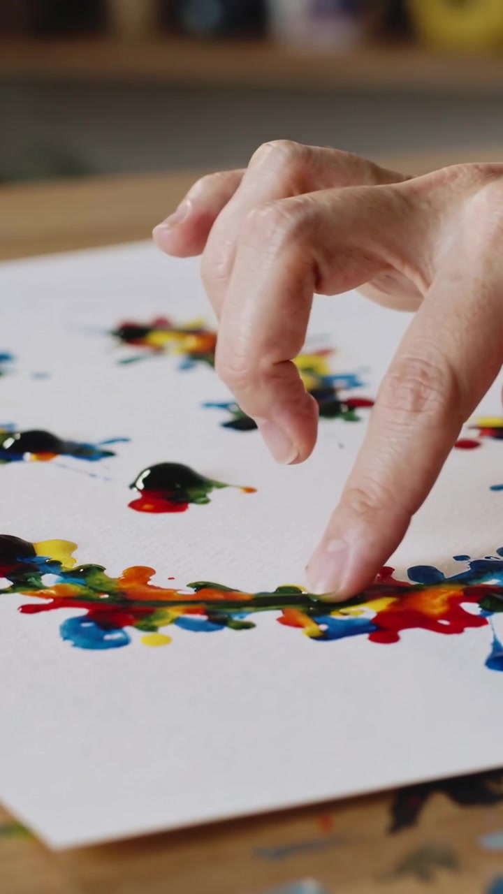 Video verticale: Dito che si avvicina, preme e trascina la vernice sul tavolo, mescolando i colori sulla carta