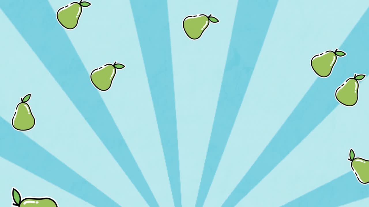 animación de peras que caen sobre el fondo de rayas azules