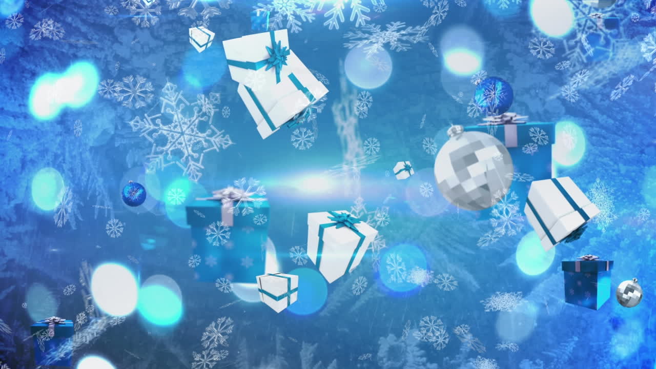 파란색 배경에 떨어지는 선물, 크리스마스 공과 눈송이의 애니메이션