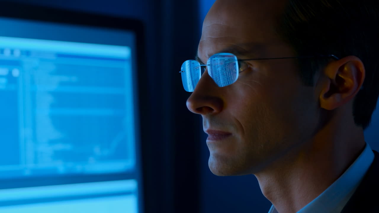 White Male Analyst At Monitor Bluelit Office Glasses Reflecting Code On Screen Focused Expression Reviewing