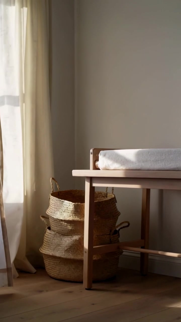 Vertical video: Curtain billowing, moving sun across room and shining towel on bench, woven baskets