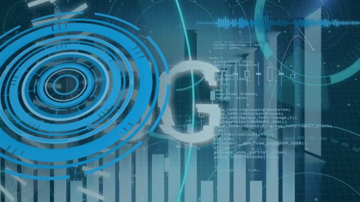 Animation of 5g text, scopes scanning and data processing over servers