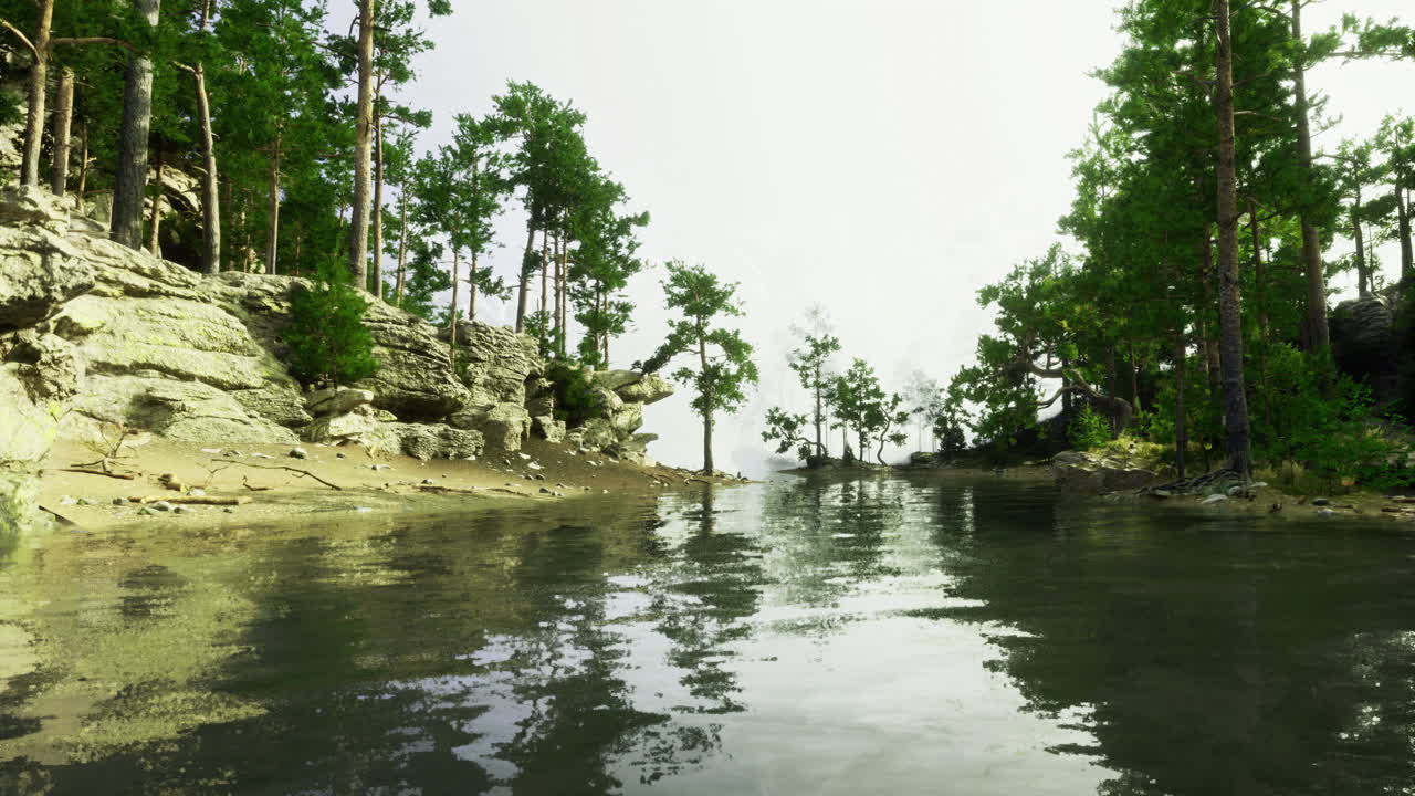 Serene lakeside view with rocky shorelines and lush greenery during daytime