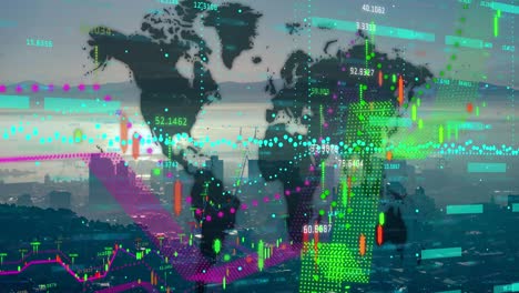 animation of world map and data processing over cityscape