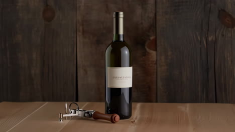 wine bottle and corkscrew on a wooden table