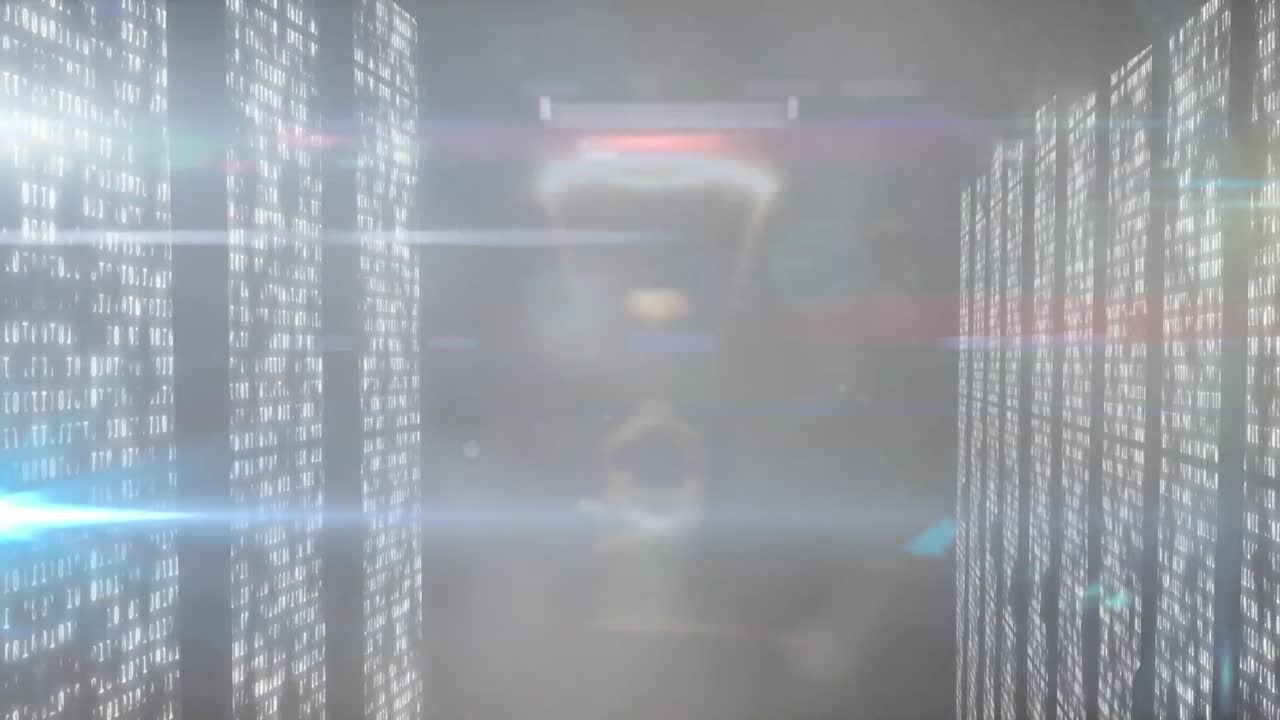 검은 바탕에 움직이는 기둥 위에 있는 빛의 흔적과 반점의 애니메이션