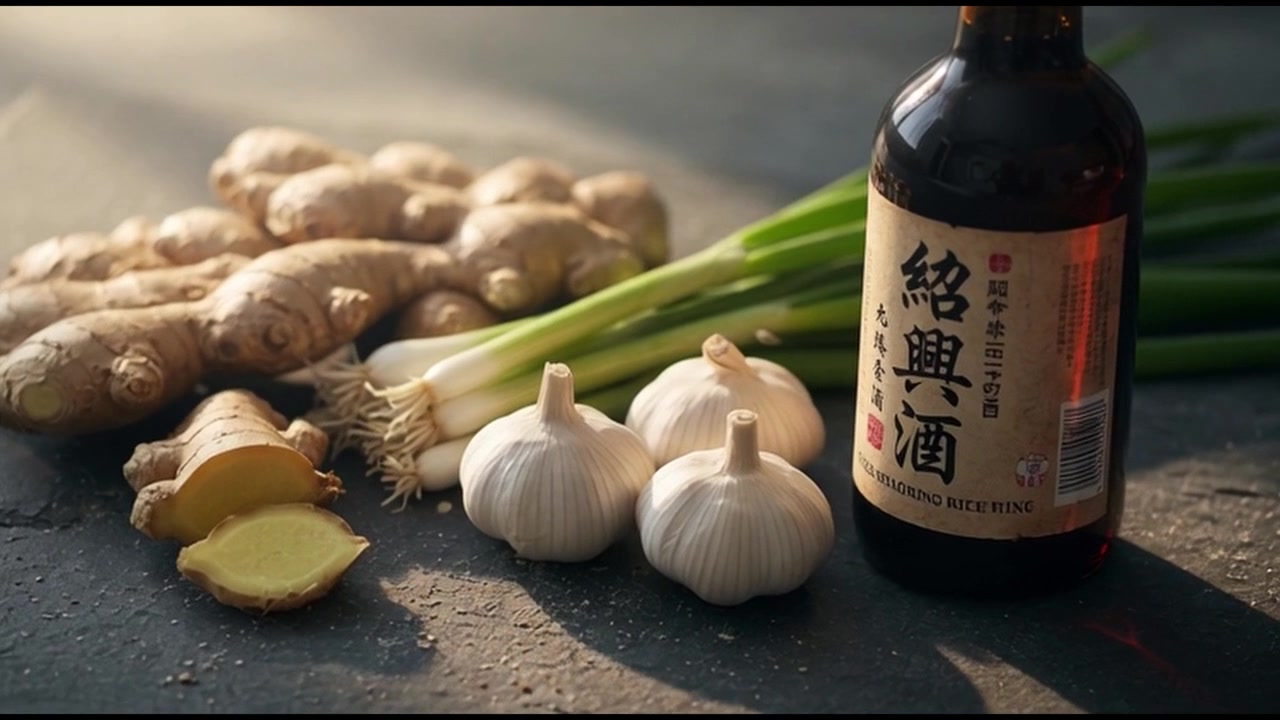 Zenzero fresco, aglio, cipollotti e vino di riso Shaoxing su una superficie scura