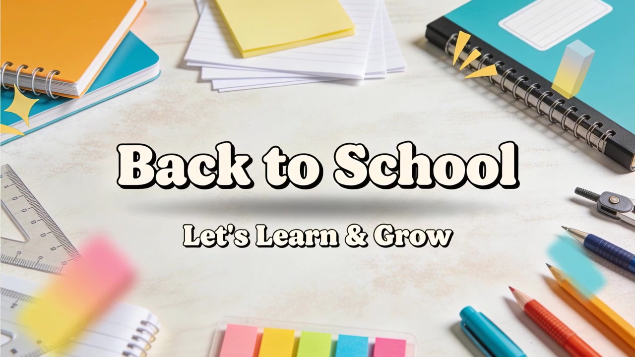Animating centered Back to School headline drawing attention on desk, promoting learning with pens