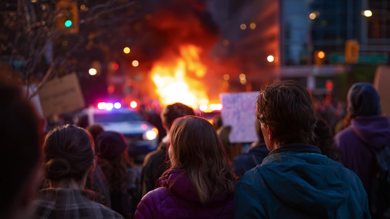 Folla vigile che osserva una scena di protesta infuocata con veicoli di emergenza e cartelli sotto le luci della città