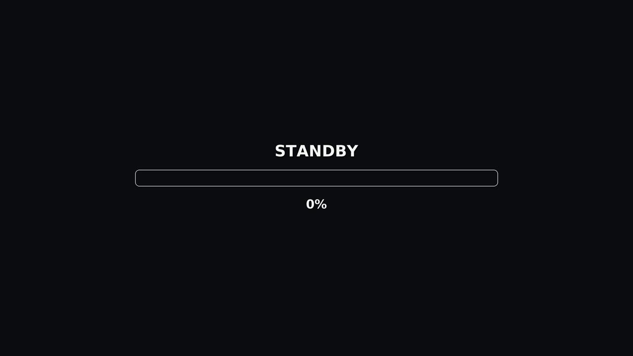 An animation shows a progress bar that fills to 100 percent while displaying the word standby. The background is black, and the color scheme is simple blue and white